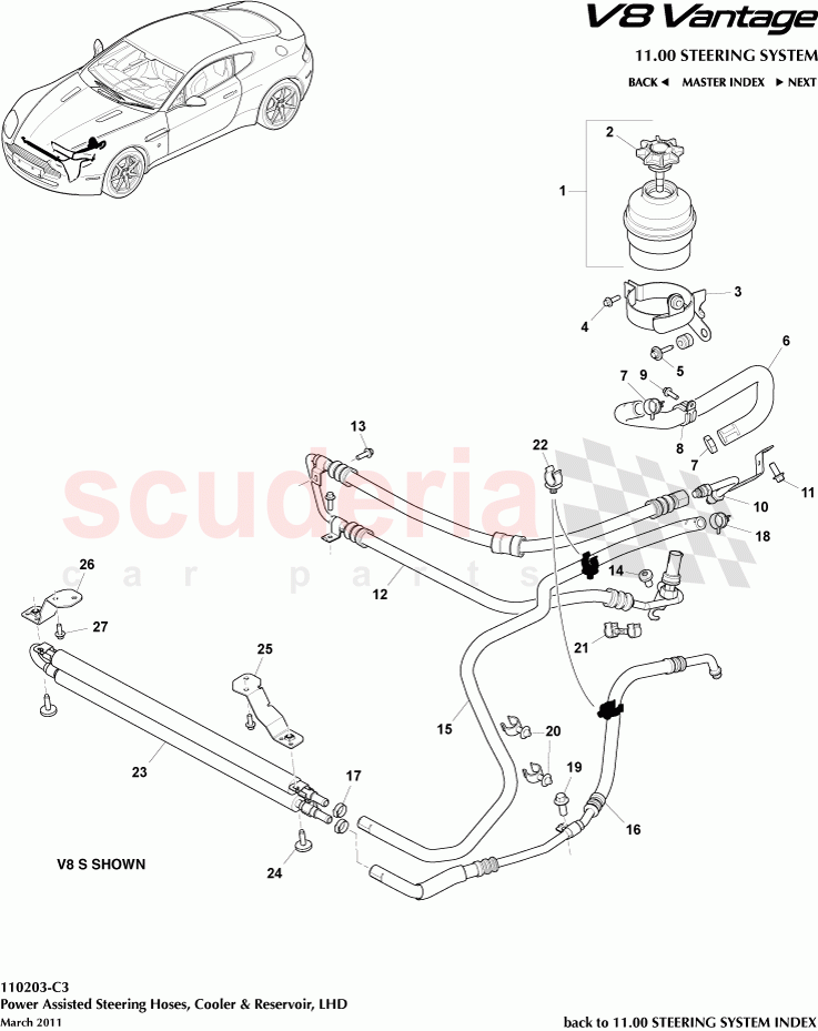 Power Assisted Steering Hoses, Cooler and Reservoir (LHD) of Aston Martin Aston Martin V8 Vantage