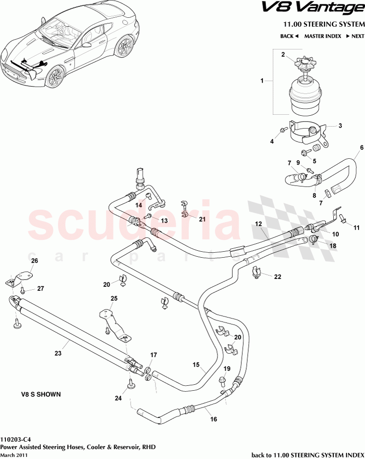 Power Assisted Steering Hoses, Cooler and Reservoir (RHD) of Aston Martin Aston Martin V8 Vantage