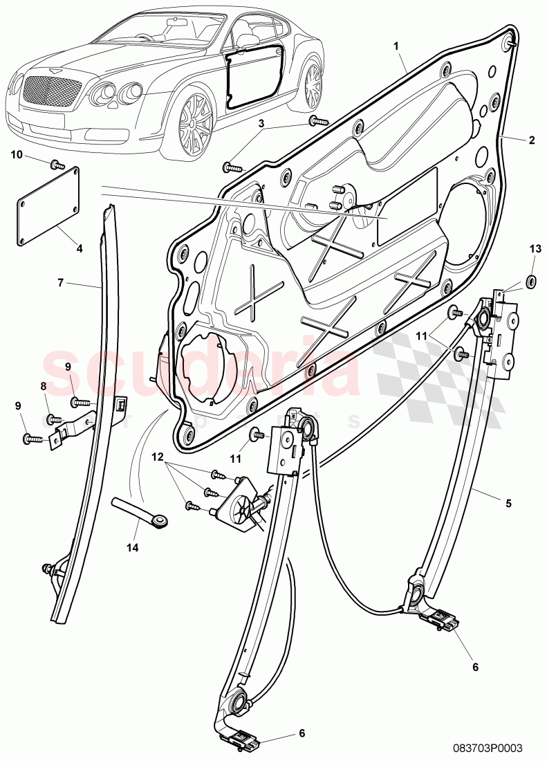 window lifter, guide channels, window slot seal for door of Bentley Bentley Continental GT (2003-2010)