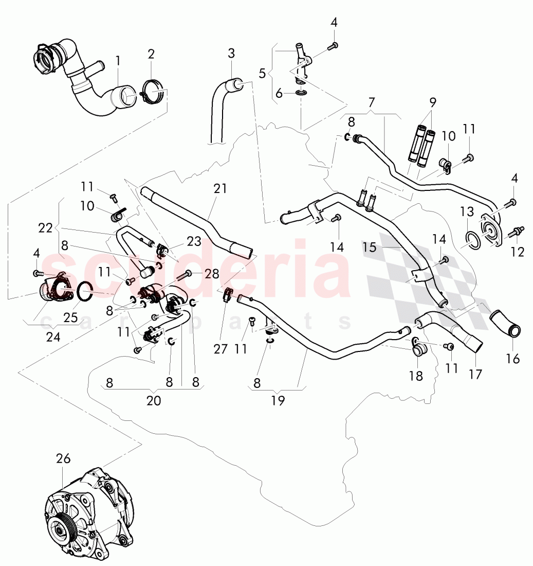 Coolant hoses and pipes, engine, F >> 3W-F-044 095, F >> ZA-F-044 095 of Bentley Bentley Continental Flying Spur (2013+)