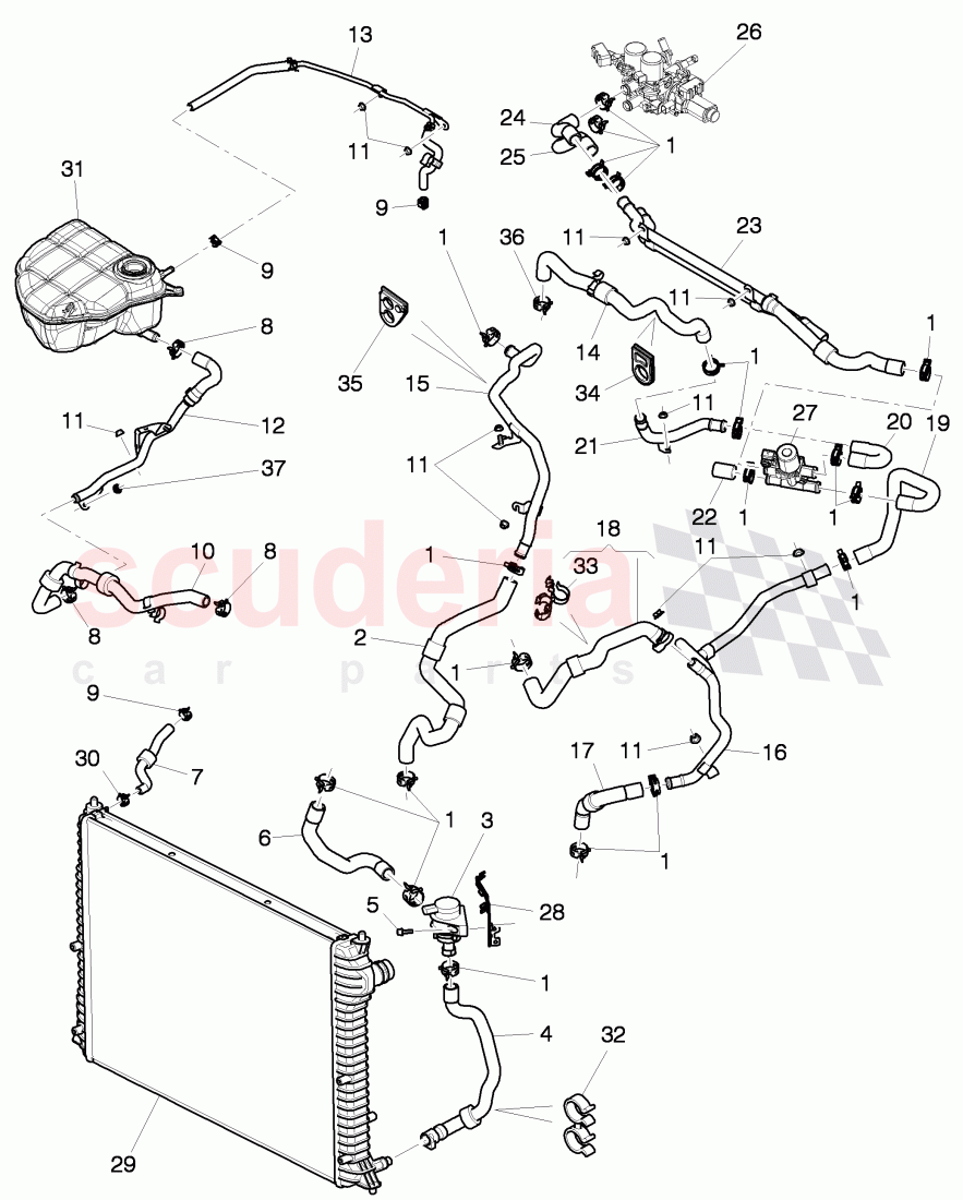 Coolant hoses and pipes, Engine bay, for vehicles with coolant auxiliary heater, D - MJ 2012>> of Bentley Bentley Continental Flying Spur (2006-2012)