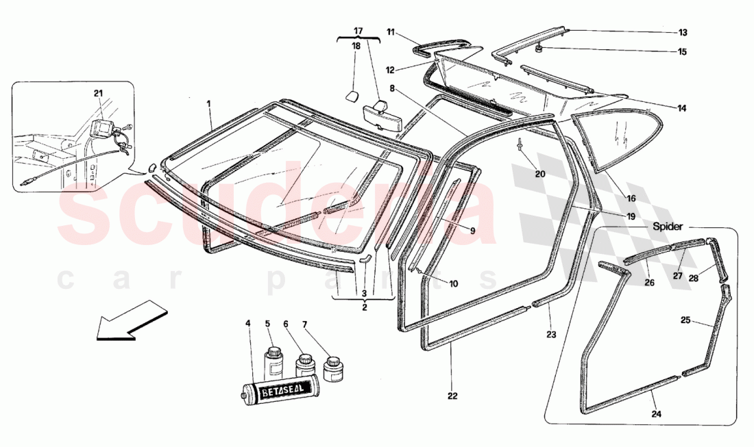 GLASSES AND GASKETS of Ferrari Ferrari 348 (2.7 Motronic)