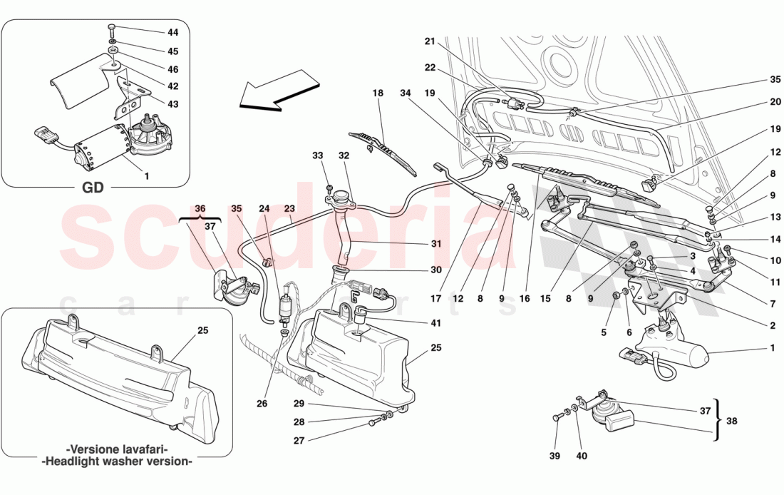 WINDSHIELD, GLASS WASHER AND HORNS of Ferrari Ferrari 360 Spider