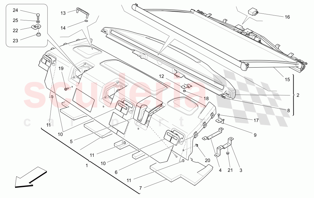 REAR PARCEL SHELF (Available with: REAR SEAT BENCH THREE PLACES HEATEDNot available with: COMFORT-LUXURY REAR SEATS WITH CENTRAL CONSOLE, REAR SEAT BENCH, THREE PLACES) of Maserati Maserati Quattroporte (2013+) GTS