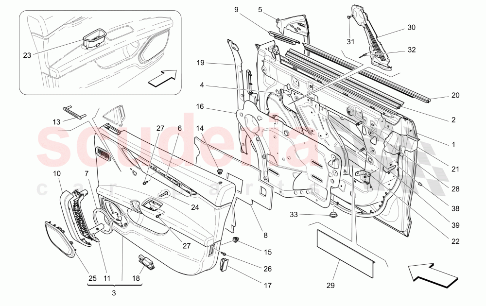 FRONT DOORS: TRIM PANELS (Not available with: EXTERIOR BLACK KIT FULL (FRONT GRILLE FRAME, DOOR HANDLE, DOOR MIRRORS COVER)) of Maserati Maserati Ghibli (2017+) Diesel