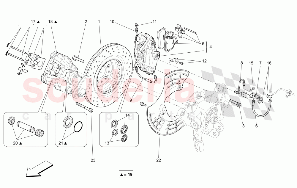 BRAKING DEVICES ON REAR WHEELS (Available with: DUAL CAST BRAKING SYSTEM (FRONT - 360 MM) CAST-IRON (REAR - 345 MM)Not available with: Dual Cast Braking System (Front - 345 mm) ; (Rear - 330 mm) - Coloured brake calipers) of Maserati Maserati Ghibli (2017+)