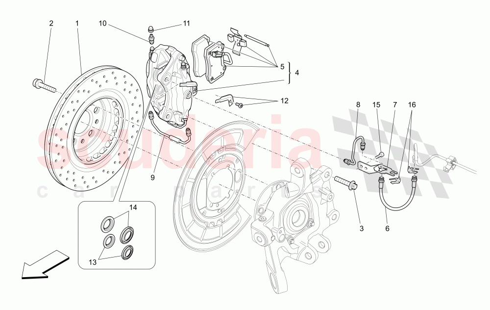 BRAKING DEVICES ON REAR WHEELS (Available with: DUAL CAST BRAKING SYSTEM (FRONT - 360 MM) CAST-IRON (REAR - 345 MM)Not available with: Dual Cast Braking System (Front - 345 mm) ; (Rear - 330 mm) - Coloured brake calipers, Dual Cast Braking System (Front - 345 mm) ; (Rear - 330 mm)) of Maserati Maserati Ghibli (2014-2016) S