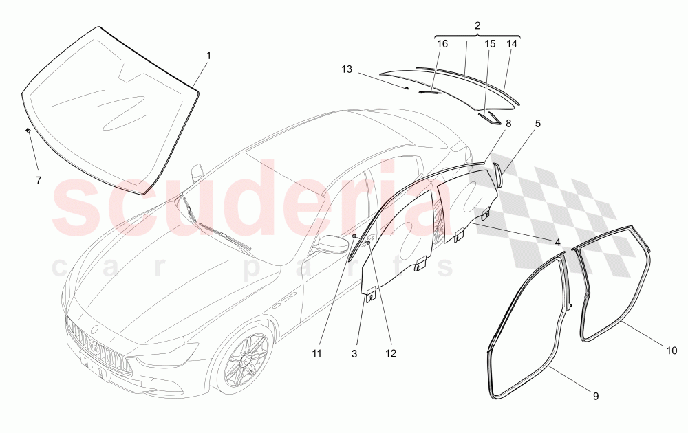 WINDOWS AND WINDOW STRIPS (Not available with: EXTERIOR BLACK KIT FULL (FRONT GRILLE FRAME, DOOR HANDLE, DOOR MIRRORS COVER)) of Maserati Maserati Ghibli (2014-2016) Diesel