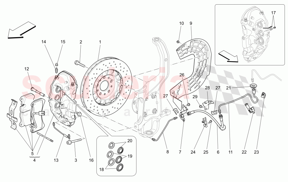 BRAKING DEVICES ON FRONT WHEELS (Available with: DUAL CAST BRAKING SYSTEM (FRONT - 360 MM) CAST-IRON (REAR - 345 MM)Not available with: Dual Cast Braking System (Front - 345 mm) ; (Rear - 330 mm) - Coloured brake calipers, Dual Cast Braking System (Front - 345 mm) ; (Rear - 330 mm)) of Maserati Maserati Ghibli (2014-2016)