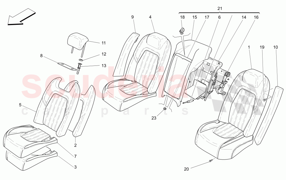 REAR SEATS: TRIM PANELS (Available with: COMFORT-LUXURY REAR SEATS WITH CENTRAL CONSOLENot available with: SPORT 8-WAY POWER FRONT SEATS, 12 WAYS WITH MEMORIES FOR LEVANTE MY18/19) of Maserati Maserati Quattroporte (2013+) GTS