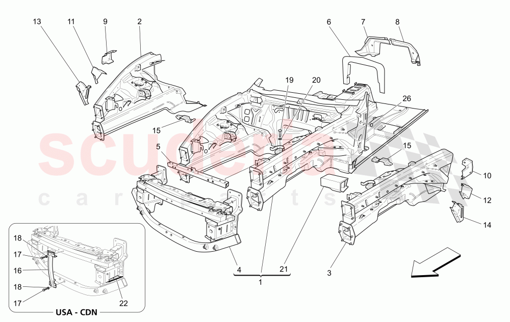 FRONT STRUCTURAL FRAMES AND SHEET PANELS of Maserati Maserati GranTurismo (2011-2013) Auto