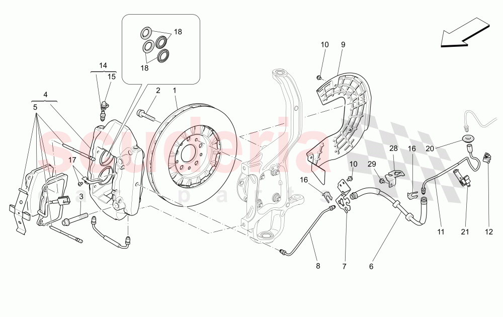 BRAKING DEVICES ON FRONT WHEELS (Available with: Dual Cast Braking System (Front - 345 mm) ; (Rear - 330 mm) - Coloured brake calipersNot available with: DUAL CAST BRAKING SYSTEM (FRONT - 360 MM) CAST-IRON (REAR - 345 MM), Dual Cast Braking System (Front - 345 mm) ; (Rear - 330 mm)) of Maserati Maserati Ghibli (2017+) S