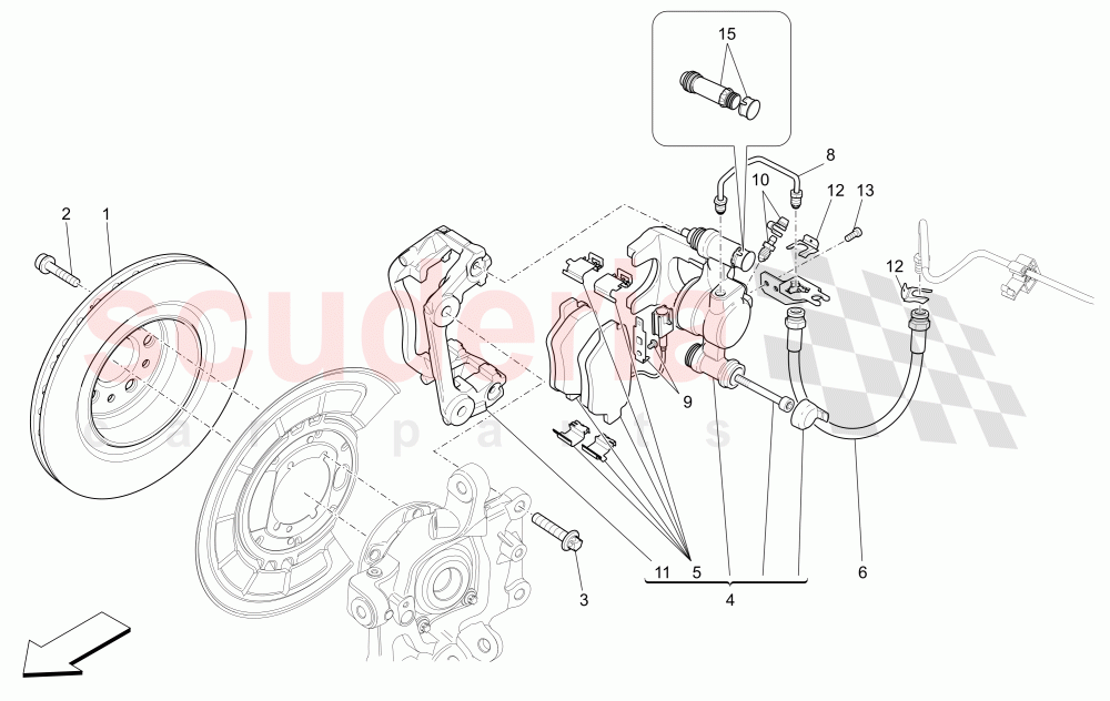 BRAKING DEVICES ON REAR WHEELS (Available with: Dual Cast Braking System (Front - 345 mm) ; (Rear - 330 mm) - Coloured brake calipersNot available with: DUAL CAST BRAKING SYSTEM (FRONT - 360 MM) CAST-IRON (REAR - 345 MM)) of Maserati Maserati Quattroporte (2013-2016) S V6 410bhp