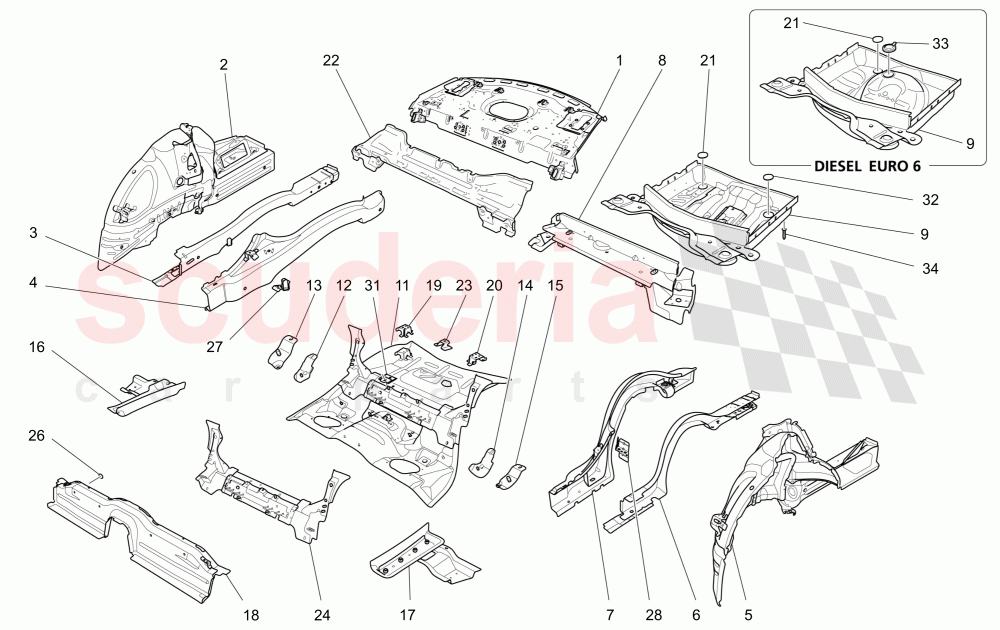 REAR STRUCTURAL FRAMES AND SHEET PANELS of Maserati Maserati Quattroporte (2013-2016) Diesel